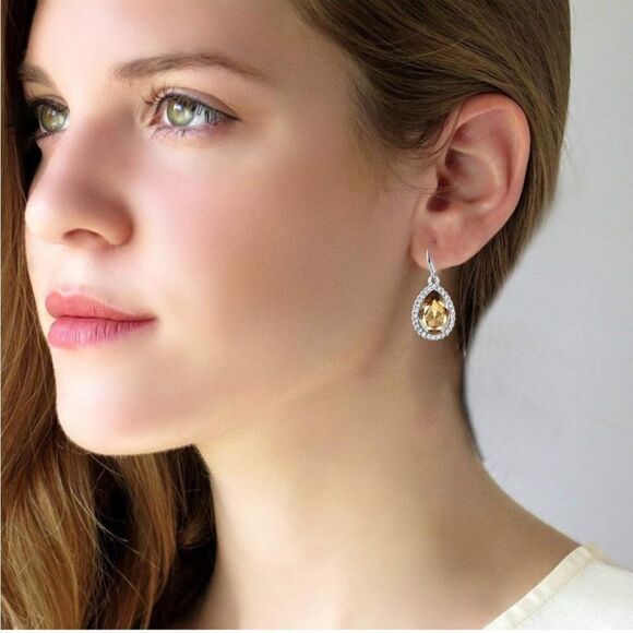 14K White Gold with Champagne Topaz Austrian Crystal Teardrop Halo Hook Earrings - Picture 5 of 6